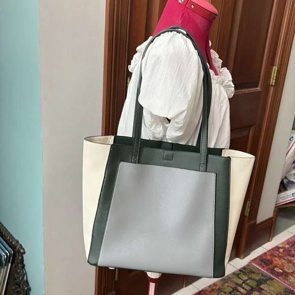 Lovevook color block tote Small tote Saffiano Hunter Green grey cream NWOT - Picture 1 of 17